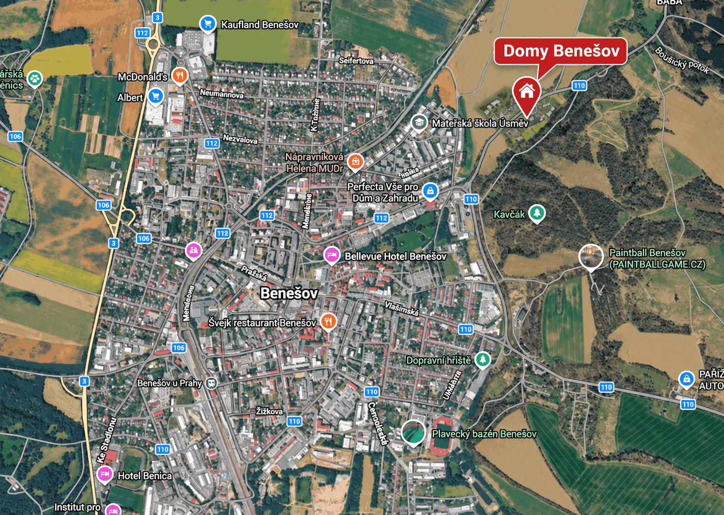 Letecká situace a rozložení 24 rodinných domů projektu VICINIA Benešov